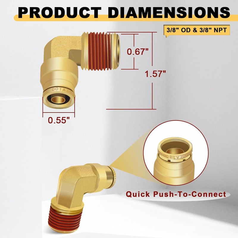 Siptenk 3/8" Elbow DOT Brass Push to Connect Air Line Fittings 5 PCS, 3/8" OD Tube x 3/8" NPT Thread Air Brake Line Quick Connect Fittings for Truck Trailers Industry Air System - Image 5